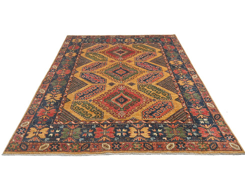 Alfombra afgana Ersari de lana teñida vegetal anudada a mano, 6x8, color naranja y azul