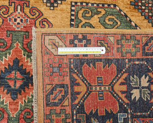 Alfombra afgana Ersari de lana teñida vegetal anudada a mano, 6x8, color naranja y azul