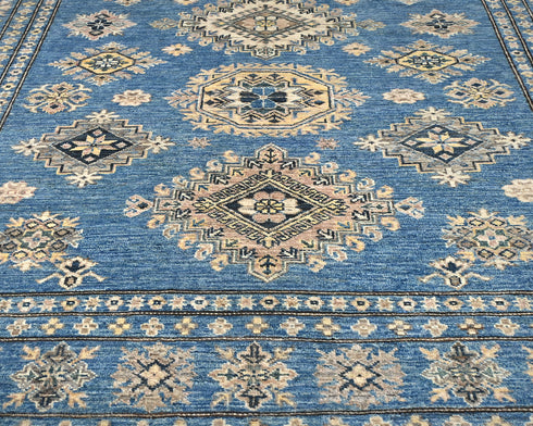 6x8 Feet Blue Kazak Afghan Hand Knotted Traditional Wool Area Rug