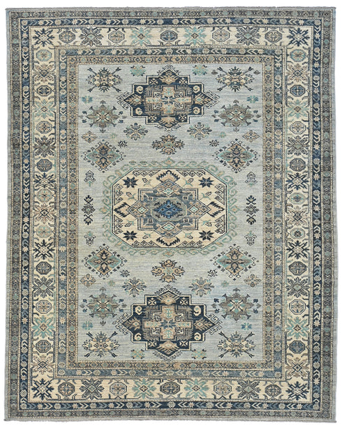 6x8 Ft Kazak Blue Gray Afghan Hand Knotted Geometric Wool Area Rug