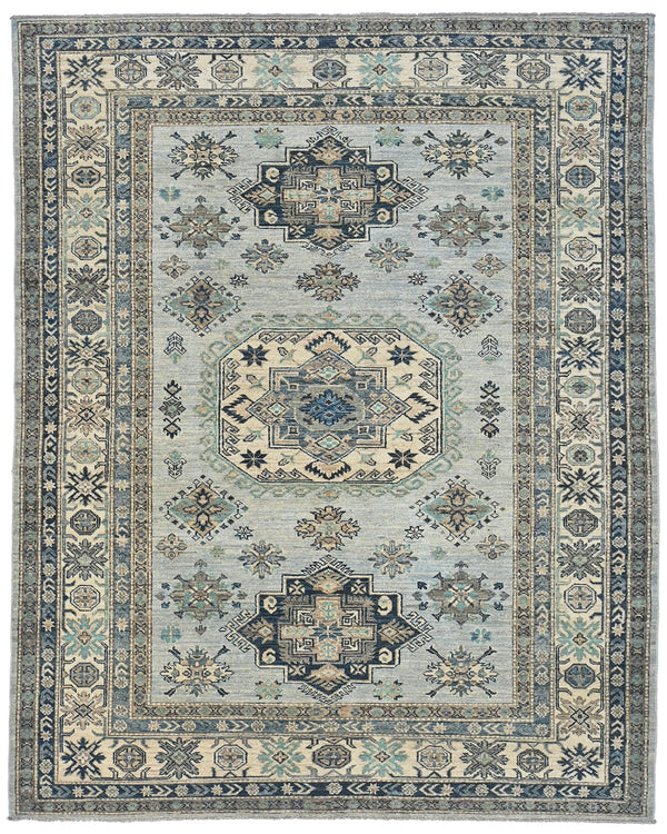 Alfombra de lana geométrica afgana anudada a mano, color azul grisáceo kazajo, de 1,8 x 2,4 m