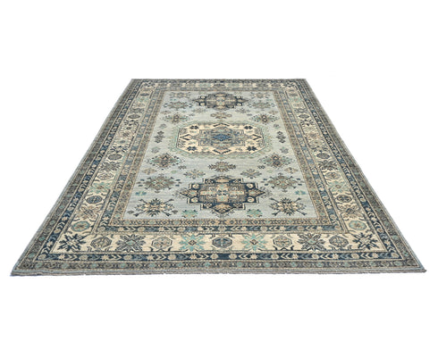 6x8 Ft Kazak Blue Gray Afghan Hand Knotted Geometric Wool Area Rug