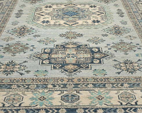 6x8 Ft Kazak Blue Gray Afghan Hand Knotted Geometric Wool Area Rug