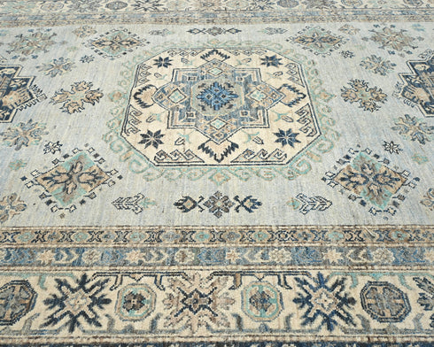 6x8 Ft Kazak Blue Gray Afghan Hand Knotted Geometric Wool Area Rug