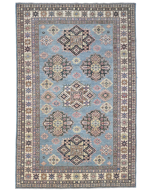 6x9 Kazak Blue Gray Afghan Hand Knotted Geometric Wool Area Rug