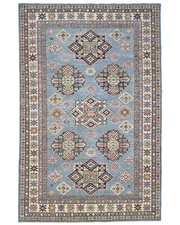 6x9 Kazak Blue Gray Afghan Hand Knotted Geometric Wool Area Rug