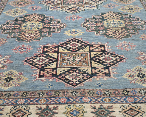 6x9 Kazak Blue Gray Afghan Hand Knotted Geometric Wool Area Rug