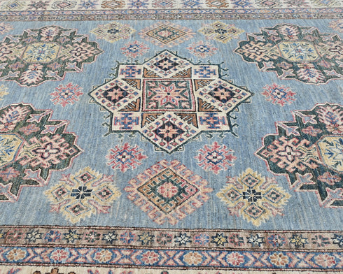 6x9 Kazak Blue Gray Afghan Hand Knotted Geometric Wool Area Rug