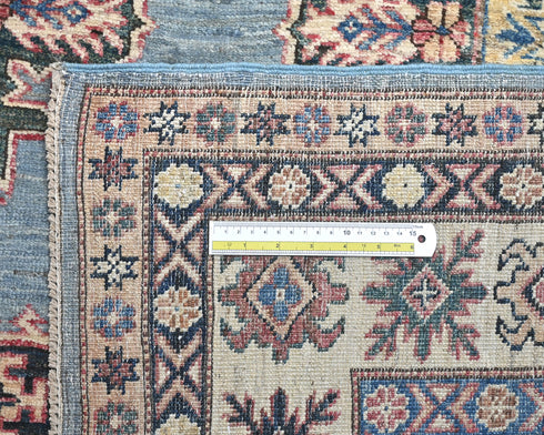 6x9 Kazak Blue Gray Afghan Hand Knotted Geometric Wool Area Rug