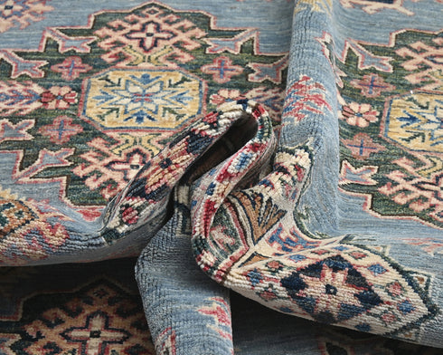 6x9 Kazak Blue Gray Afghan Hand Knotted Geometric Wool Area Rug