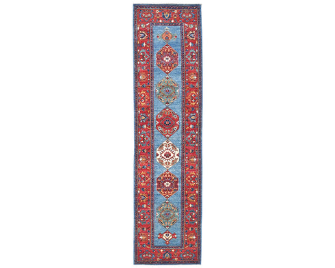 10 Feet Blue Red Aryana Afghan Hand Knotted Veg Dye Wool Runner Rug
