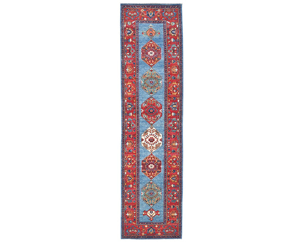 10 Feet Blue Red Aryana Afghan Hand Knotted Veg Dye Wool Runner Rug