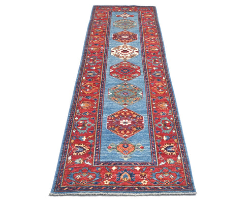 10 Feet Blue Red Aryana Afghan Hand Knotted Veg Dye Wool Runner Rug
