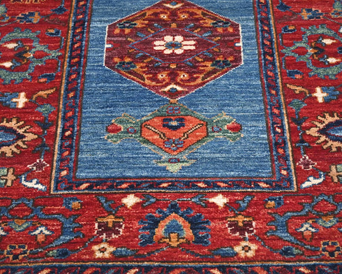 10 Feet Blue Red Aryana Afghan Hand Knotted Veg Dye Wool Runner Rug