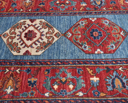 10 Feet Blue Red Aryana Afghan Hand Knotted Veg Dye Wool Runner Rug