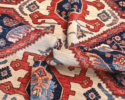 Alfombra afgana Aryana de lana teñida con tinte vegetal, anudada a mano, color beige y azul, de 6 x 9 pulgadas