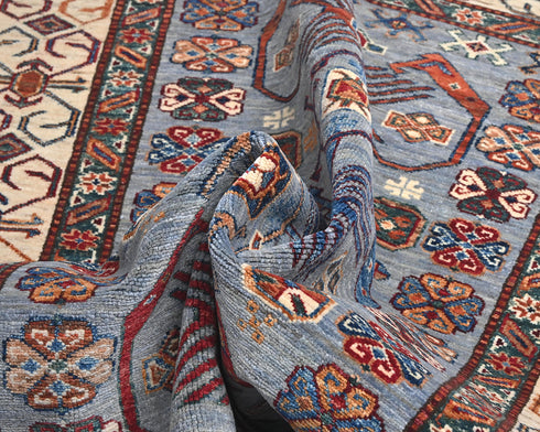 4x6 Ft Blue Gray Afghan Hand Knotted Kazak Wool Area Rug