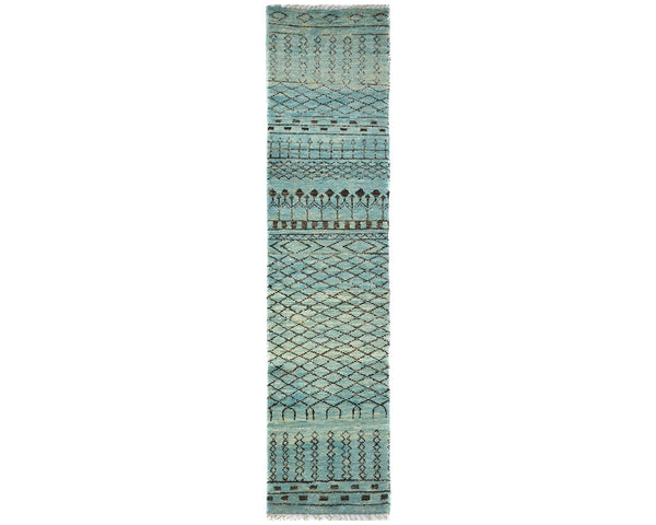 10 Feet Moroccan Blue Hand Woven Wool Runner Rug