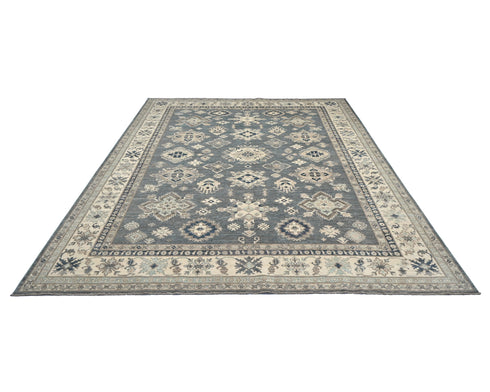 Gray 8x10 Ft Kazak Afghan Hand Knotted Geometric Wool Area Rug