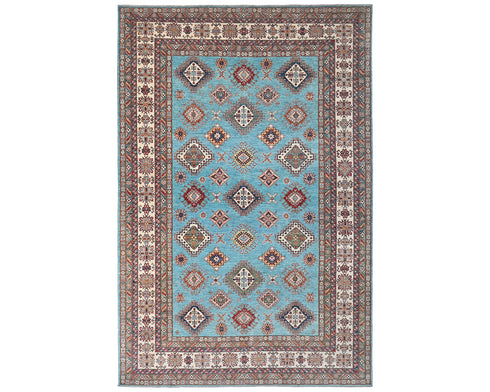 Blue 9x12 Kazak Afghan Hand Knotted Geometric Wool Area Rug