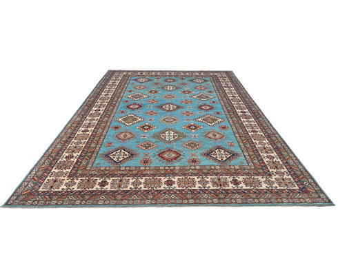 Blue 9x12 Kazak Afghan Hand Knotted Geometric Wool Area Rug