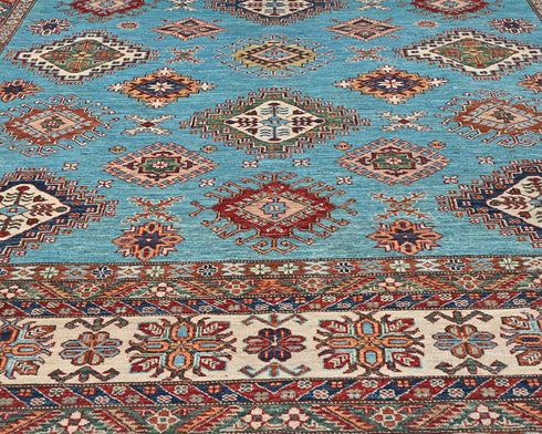 Blue 9x12 Kazak Afghan Hand Knotted Geometric Wool Area Rug