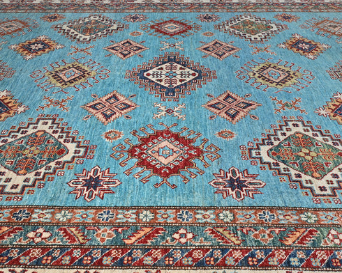 Blue 9x12 Kazak Afghan Hand Knotted Geometric Wool Area Rug