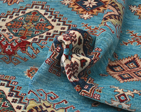 Blue 9x12 Kazak Afghan Hand Knotted Geometric Wool Area Rug