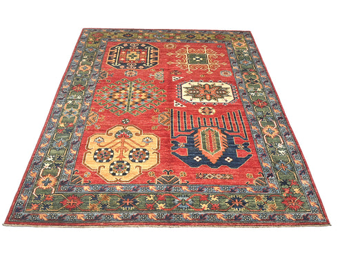 5x7 Red Green Ersari Afghan Hand Knotted Veg Dye Wool Area Rug