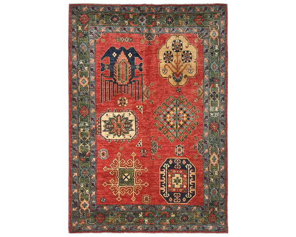 5x7 Red Green Ersari Afghan Hand Knotted Veg Dye Wool Area Rug