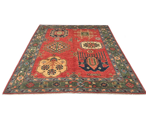 5x7 Red Green Ersari Afghan Hand Knotted Veg Dye Wool Area Rug