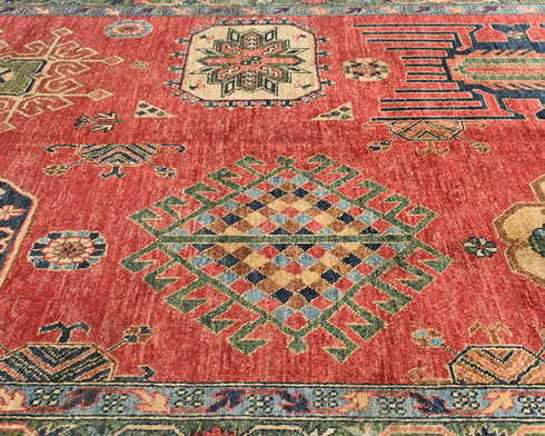 5x7 Red Green Ersari Afghan Hand Knotted Veg Dye Wool Area Rug