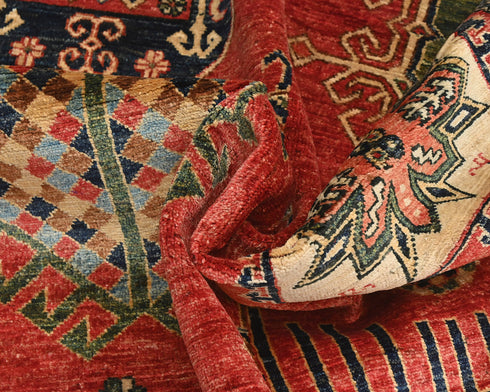 5x7 Red Green Ersari Afghan Hand Knotted Veg Dye Wool Area Rug