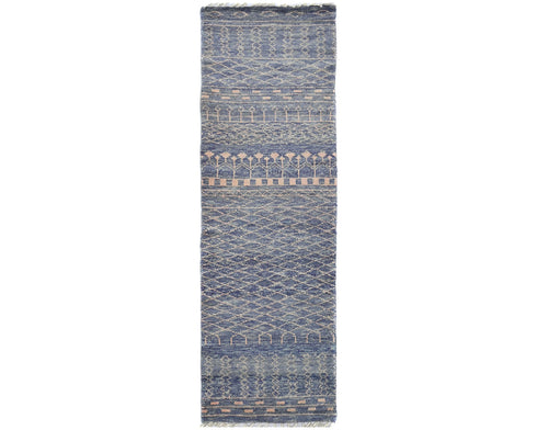 8 Feet Moroccan Blue Hand Woven Wool Runner Rug