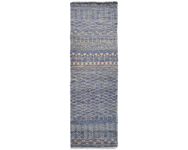 8 Feet Moroccan Blue Hand Woven Wool Runner Rug
