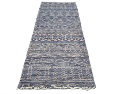 8 Feet Moroccan Blue Hand Woven Wool Runner Rug
