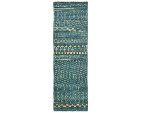 8 Feet Moroccan Green Blue Hand Woven Wool Runner Rug