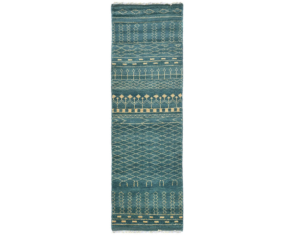 8 Feet Moroccan Green Blue Hand Woven Wool Runner Rug