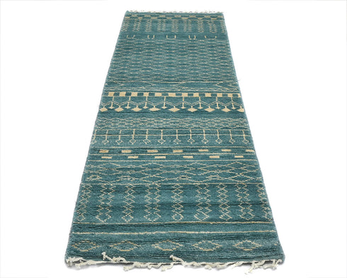 8 Feet Moroccan Green Blue Hand Woven Wool Runner Rug