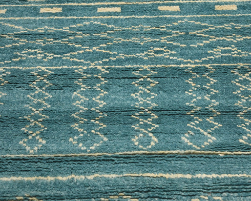 8 Feet Moroccan Green Blue Hand Woven Wool Runner Rug