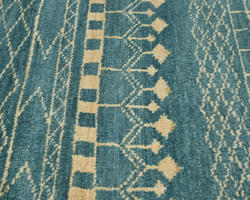 8 Feet Moroccan Green Blue Hand Woven Wool Runner Rug