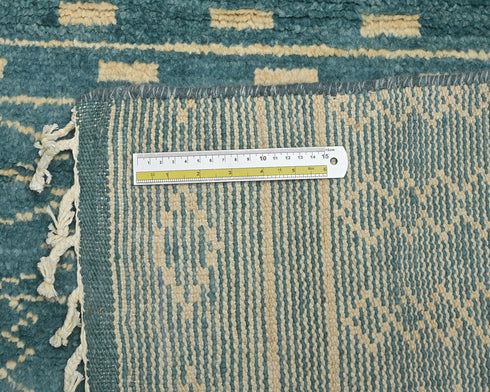 8 Feet Moroccan Green Blue Hand Woven Wool Runner Rug