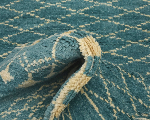 8 Feet Moroccan Green Blue Hand Woven Wool Runner Rug