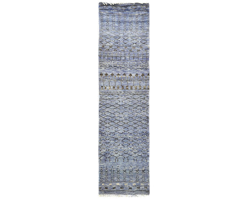 8 Feet Moroccan Blue Gray Hand Woven Wool Runner Rug
