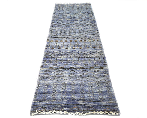 8 Feet Moroccan Blue Gray Hand Woven Wool Runner Rug