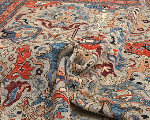 Alfombra afgana Aryana de lana teñida con vegetales, anudada a mano, de 9 x 12 pulgadas, color gris y azul