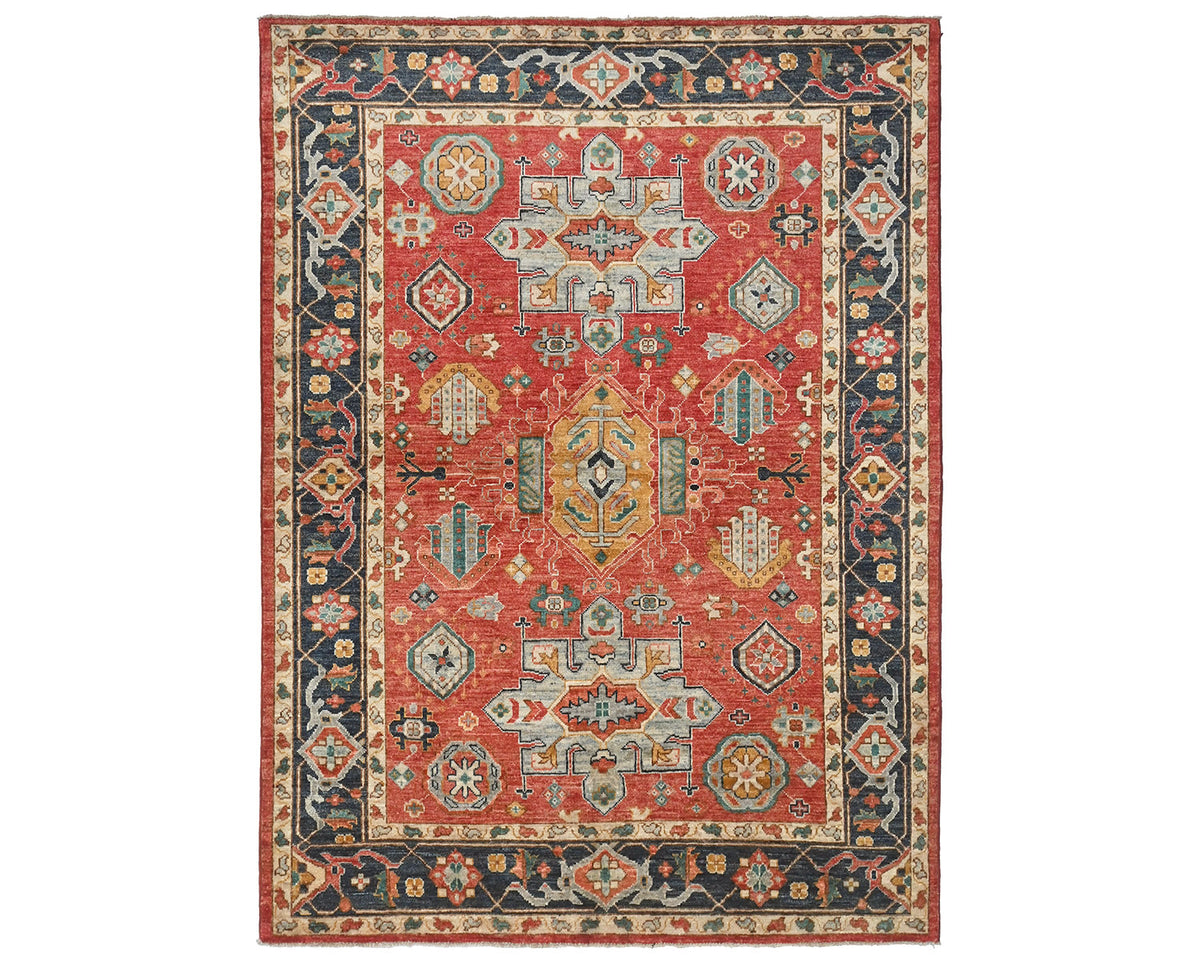 Alfombra afgana Ersari de lana teñida vegetal anudada a mano de 5x7, color rojo y azul