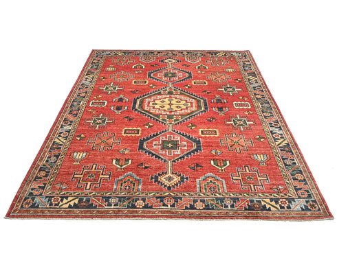 6x8 Red Blue Ersari Afghan Hand Knotted Veg Dye Wool Area Rug