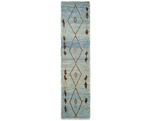 11 Feet Moroccan Blue Hand Woven Wool Runner Rug