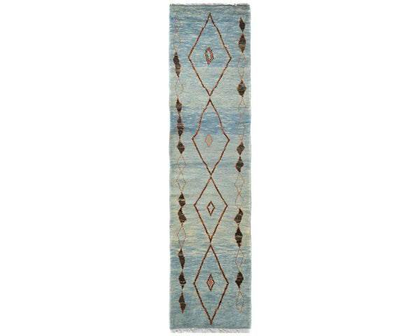 11 Feet Moroccan Blue Hand Woven Wool Runner Rug